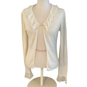 SUNDANCE ROMANTIC COTTAGECORE RUFFLE NECK 100% LINEN CARDIGAN CROCHET SWEATER